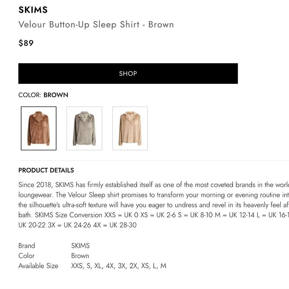 Skims Velour Button Up Sleep Shirt Collared Crushed Velvet Top Tan Plus Size 2X